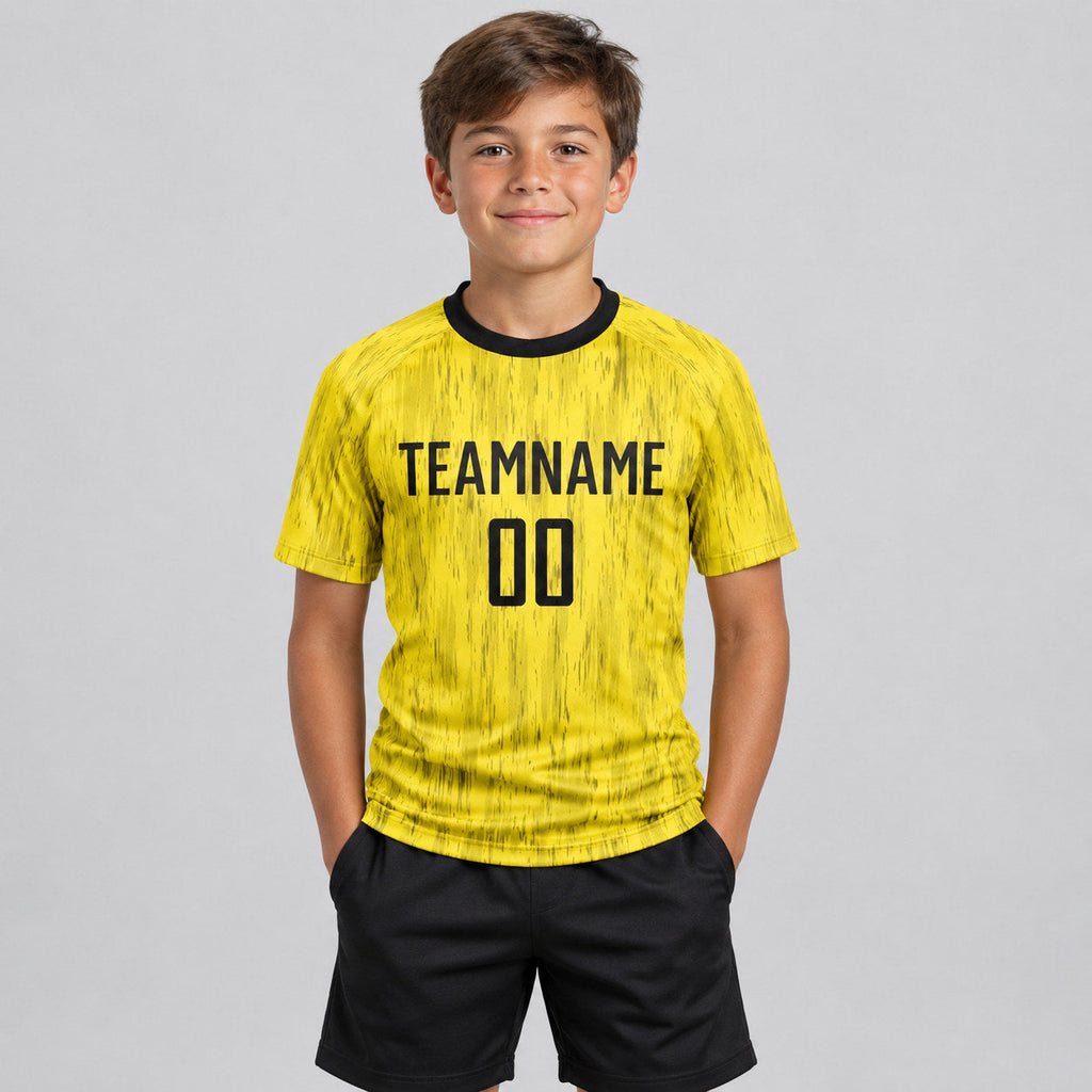 Custom Gold Sublimated Soccer Jersey with Black Lettering Design 0062 youth size worn by child model