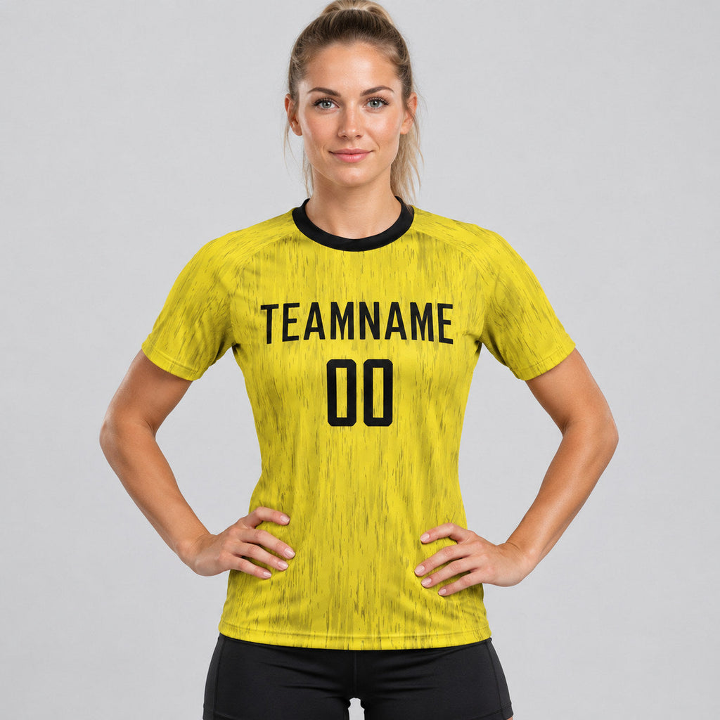 Custom Gold Sublimated Soccer Jersey with Black Lettering Design 0062 worn by female model