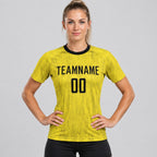 Custom Gold Sublimated Soccer Jersey with Black Lettering Design 0062 worn by female model