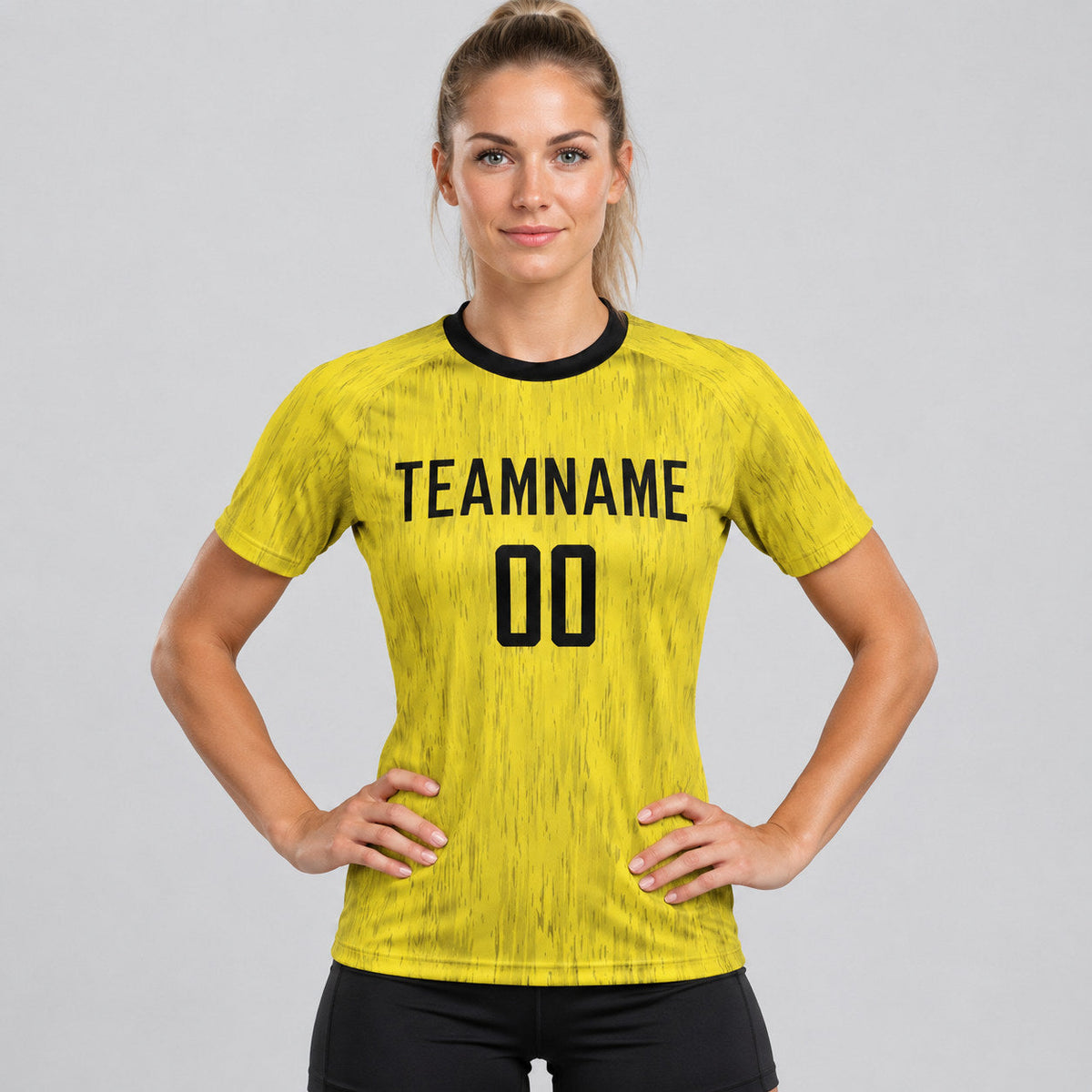 Custom Gold Sublimated Soccer Jersey with Black Lettering Design 0062 worn by female model