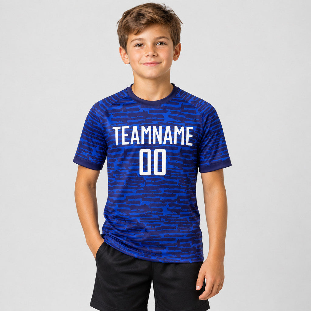 Custom Royal Sublimated Soccer Jersey with White Lettering Design 1041 youth size worn by child model