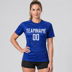Custom Royal Sublimated Soccer Jersey with White Lettering Design 1041 worn by female model