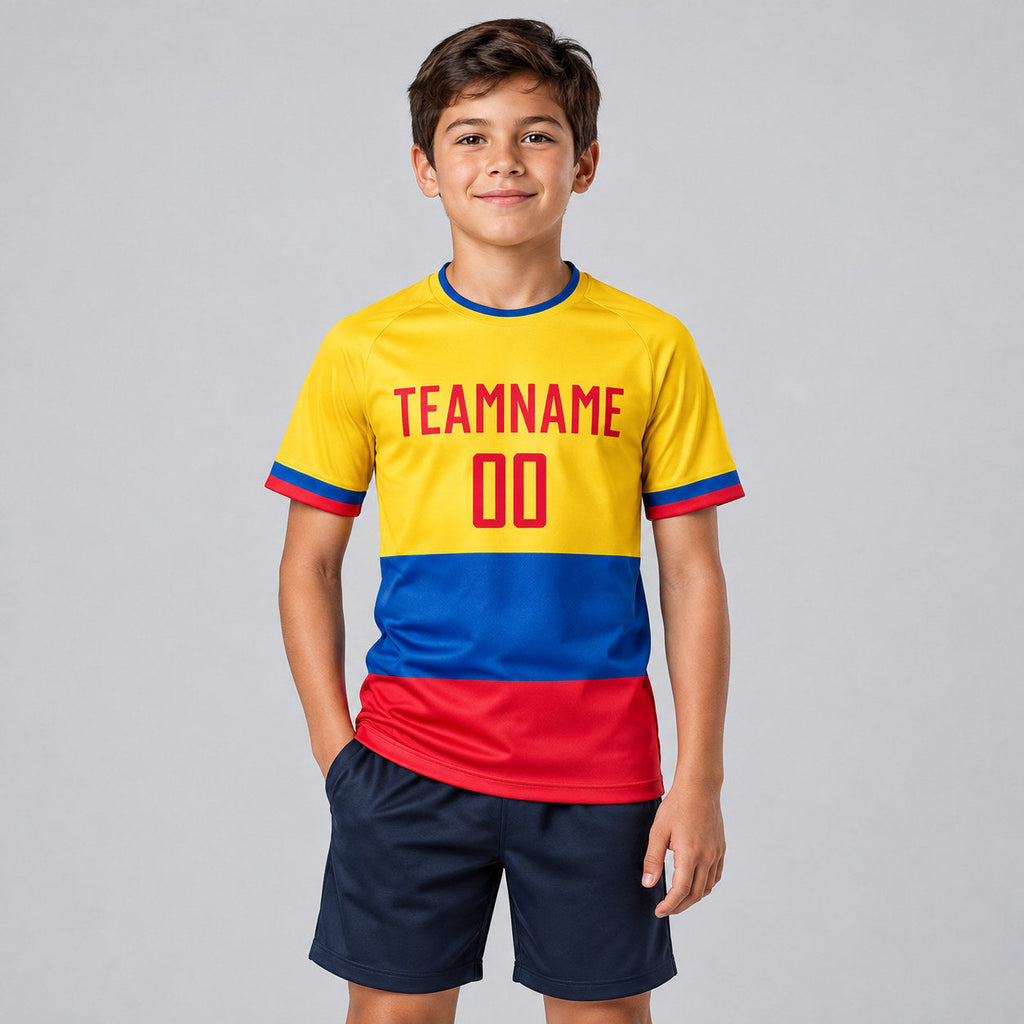 Custom Gold Ecuador Flag Sublimated Soccer Jersey with Red and Royal Lettering youth size worn by child model