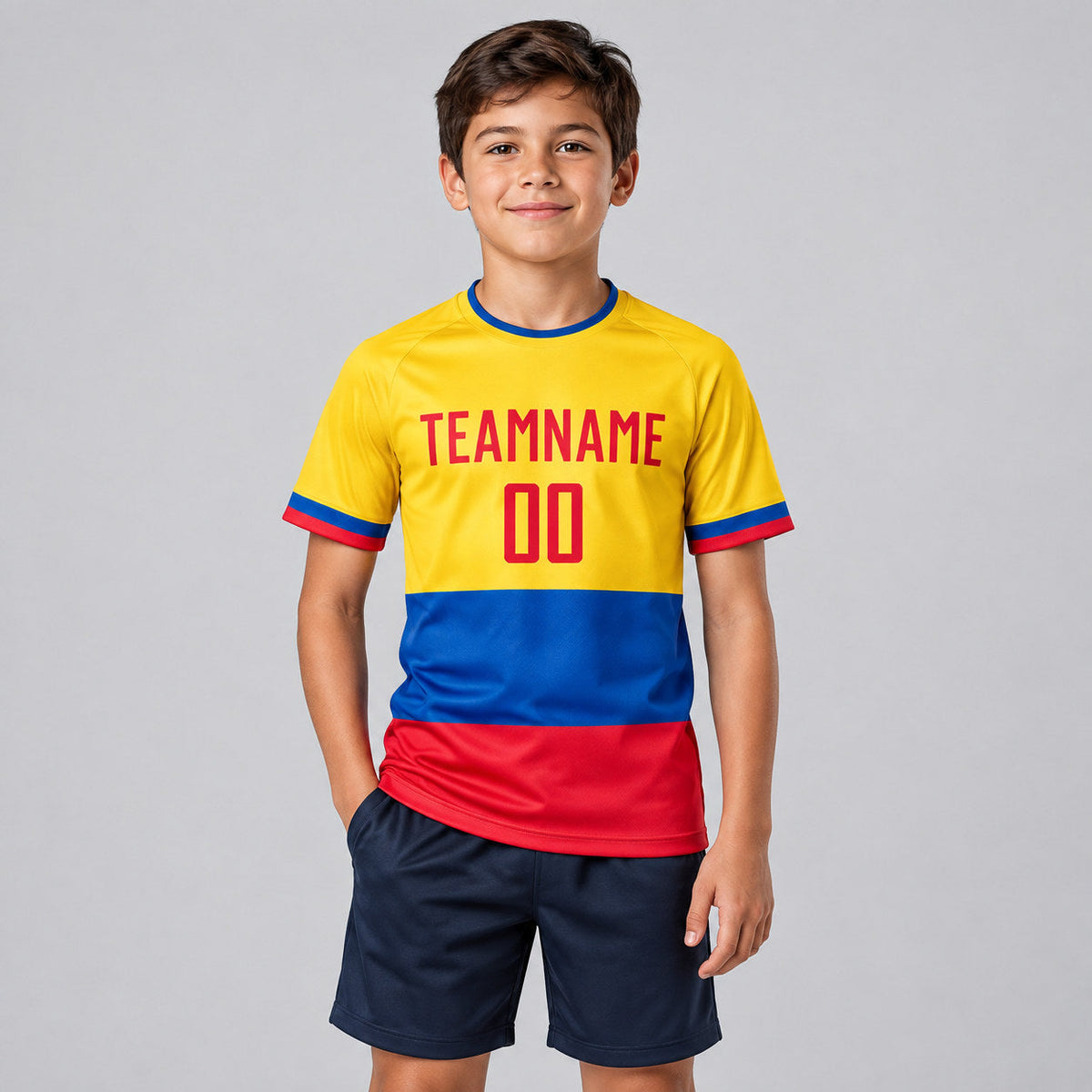 Custom Gold Ecuador Flag Sublimated Soccer Jersey with Red and Royal Lettering youth size worn by child model