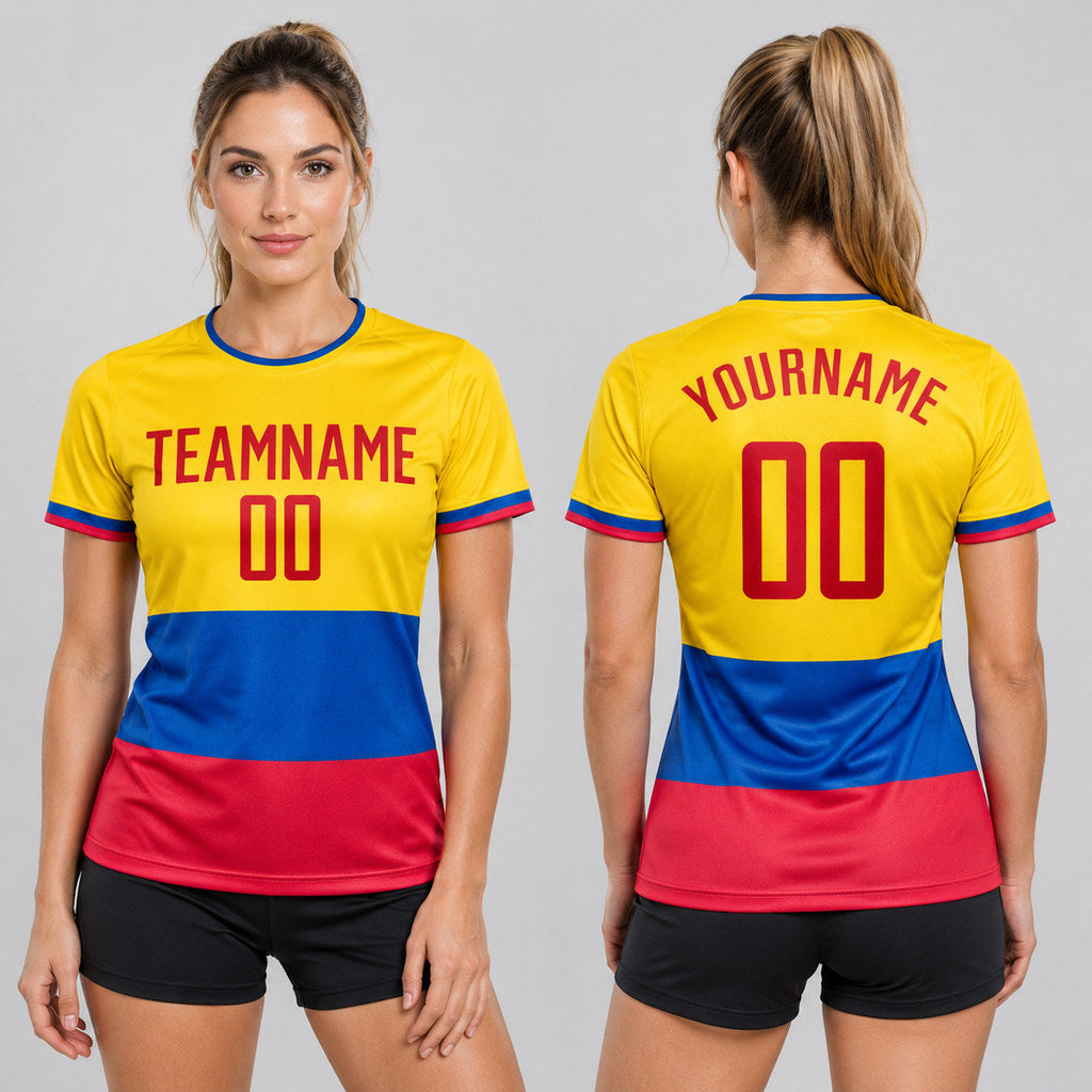 Custom Gold Ecuador Flag Sublimated Soccer Jersey with Red and Royal Lettering worn by female model