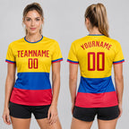 Custom Gold Ecuador Flag Sublimated Soccer Jersey with Red and Royal Lettering worn by female model