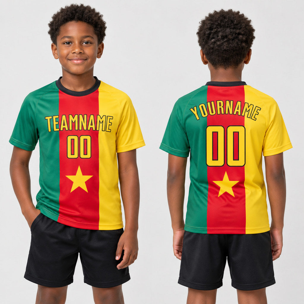 Custom Kelly Green and Gold Cameroonian Flag Sublimated Soccer Jersey with Red and Black Lettering youth size worn by child model