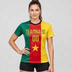 Custom Kelly Green and Gold Cameroonian Flag Sublimated Soccer Jersey with Red and Black Lettering worn by female model