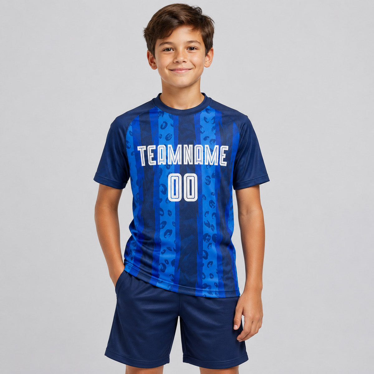 Custom Navy Away Sublimated Soccer Jersey with White and Royal Lettering youth size worn by child model