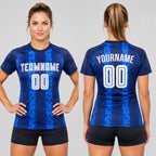 Custom Navy Away Sublimated Soccer Jersey with White and Royal Lettering worn by female model