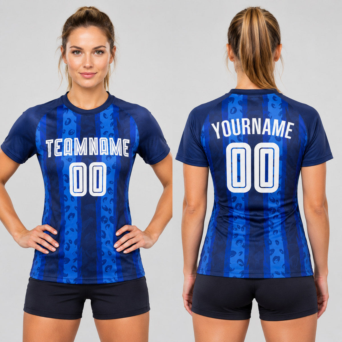 Custom Navy Away Sublimated Soccer Jersey with White and Royal Lettering worn by female model
