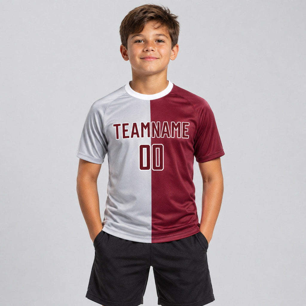 Custom Gray Sublimated Split Soccer Jersey with Crimson and White Lettering youth size worn by child model