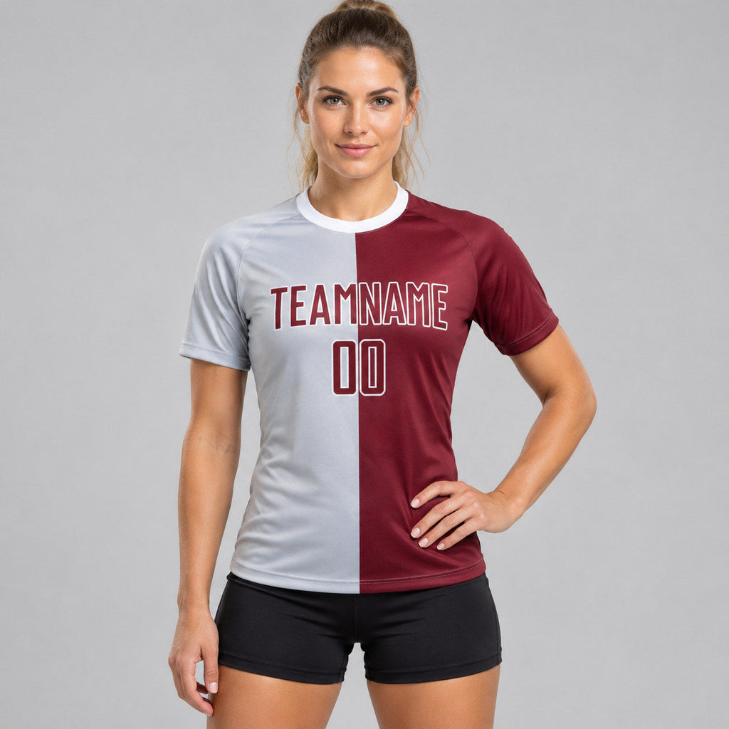 Custom Gray Sublimated Split Soccer Jersey with Crimson and White Lettering worn by female model