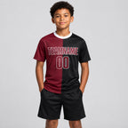 Custom Black Sublimated Split Soccer Jersey with Crimson and White Lettering youth size worn by child model