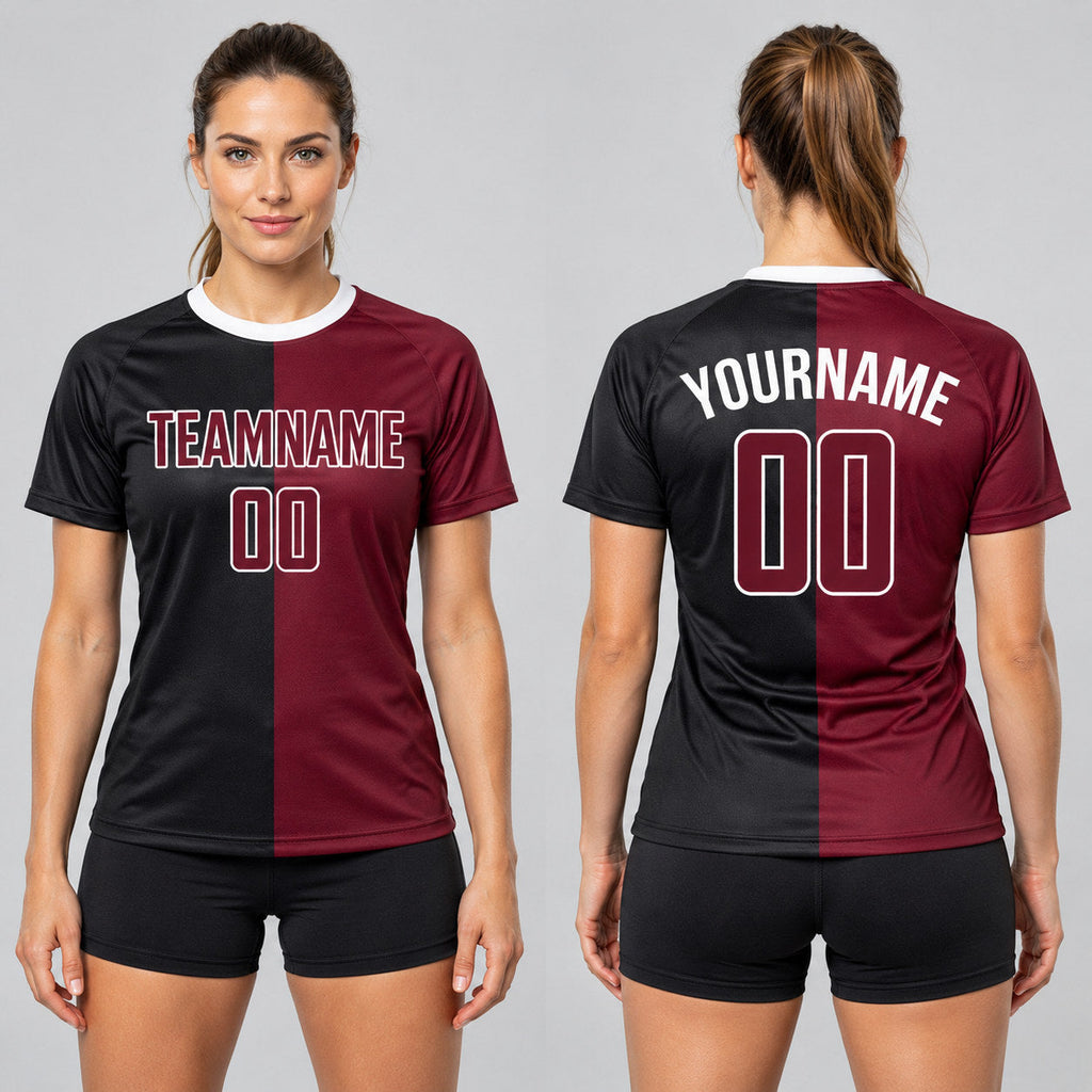Custom Black Sublimated Split Soccer Jersey with Crimson and White Lettering worn by female model