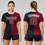 Custom Black Sublimated Split Soccer Jersey with Crimson and White Lettering worn by female model