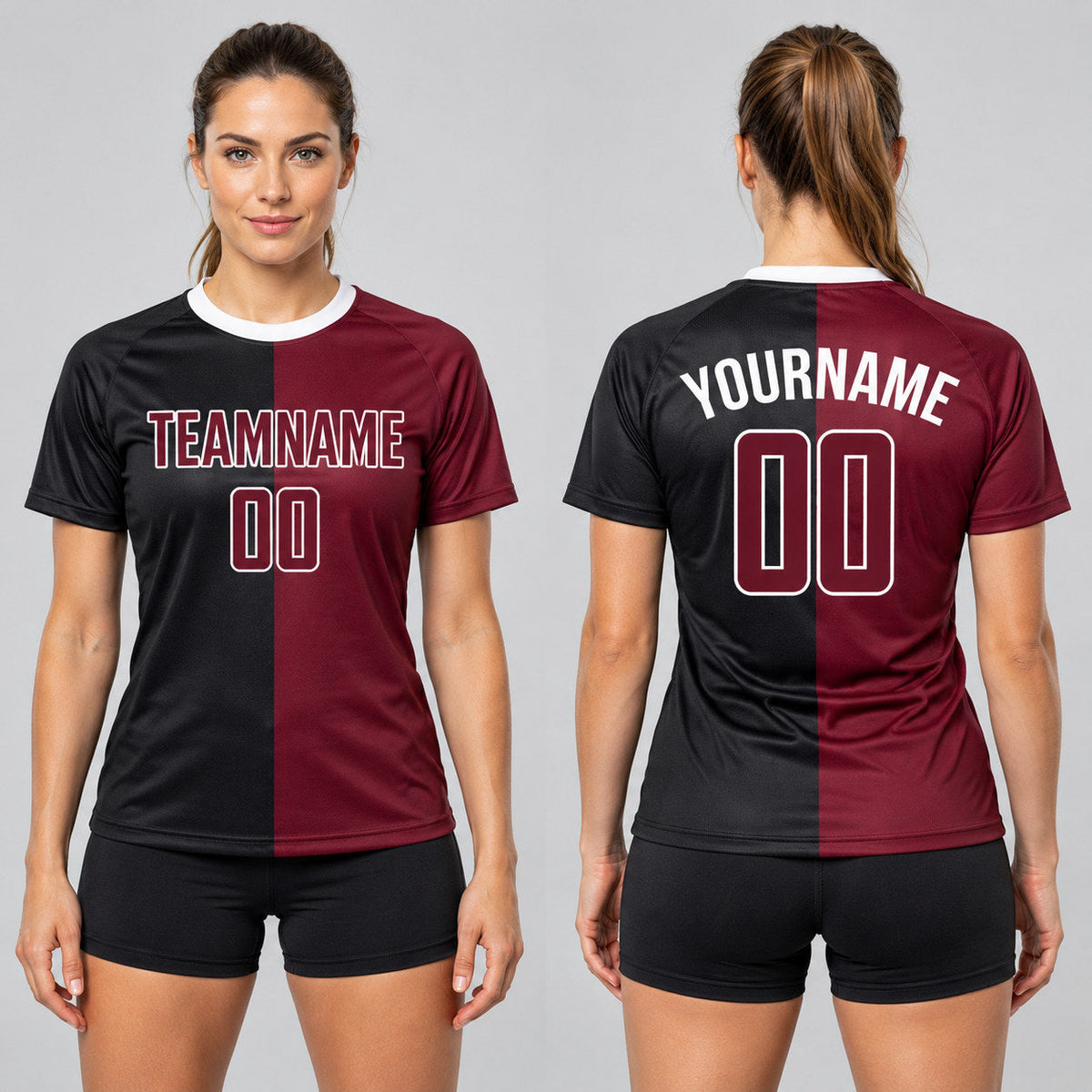 Custom Black Sublimated Split Soccer Jersey with Crimson and White Lettering worn by female model