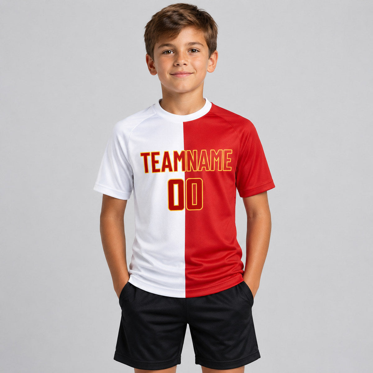 Custom White Sublimated Split Soccer Jersey with Red and Gold Lettering youth size worn by child model