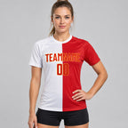 Custom White Sublimated Split Soccer Jersey with Red and Gold Lettering worn by female model