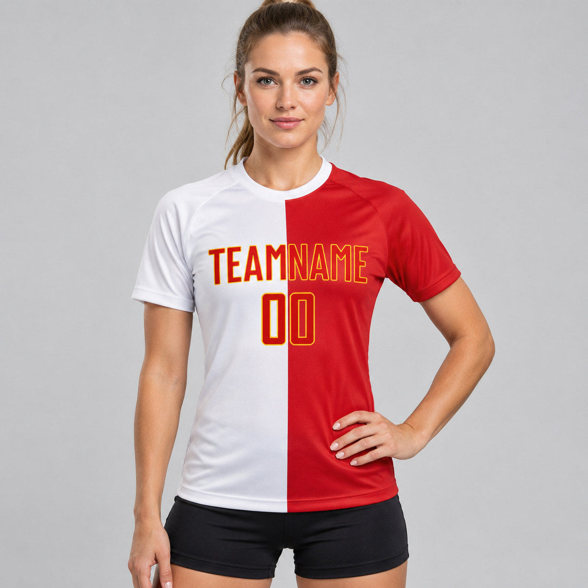 Custom White Sublimated Split Soccer Jersey with Red and Gold Lettering worn by female model