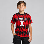 Custom Red Sublimated Soccer Jersey with White and Black Lettering Design 0107 youth size worn by child model
