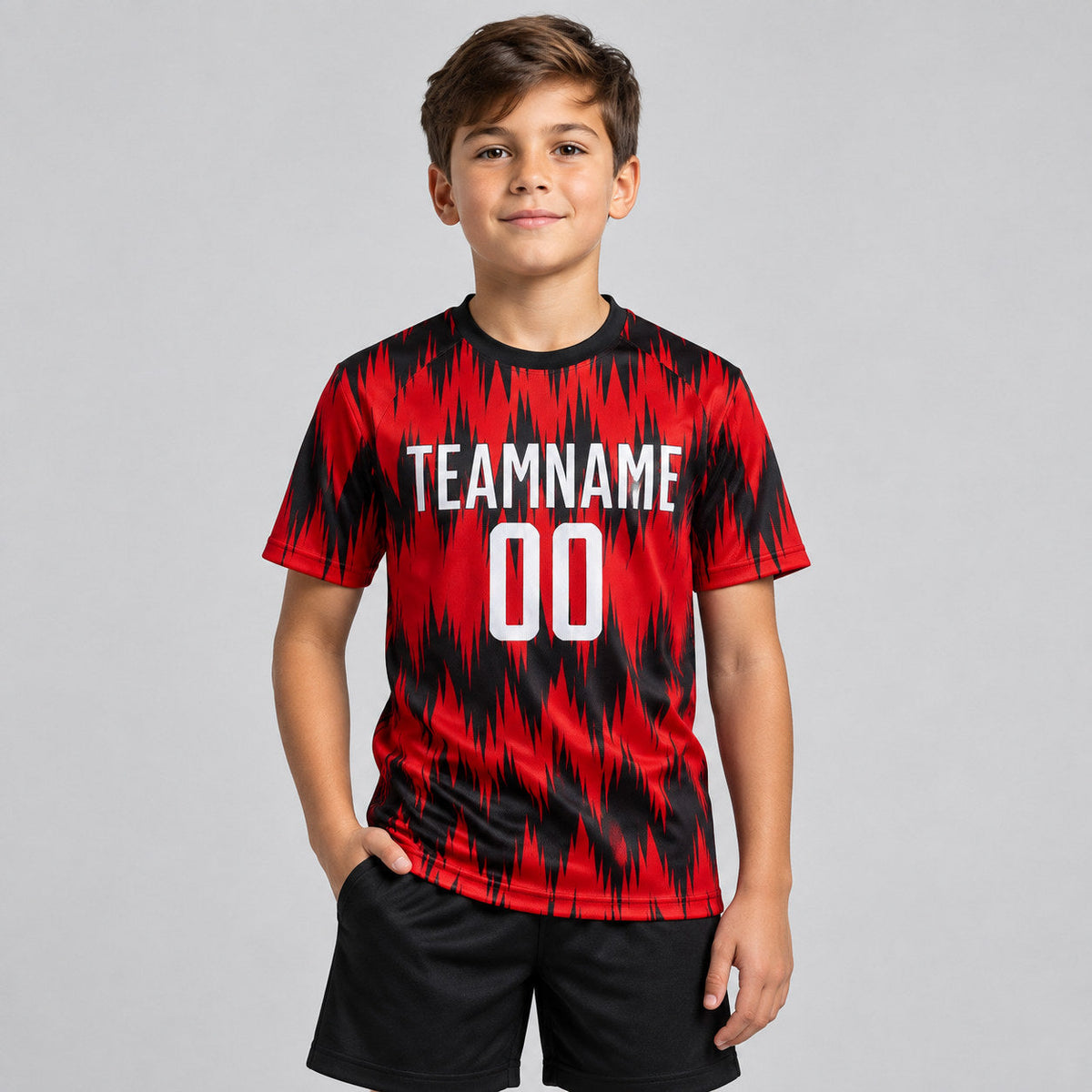 Custom Red Sublimated Soccer Jersey with White and Black Lettering Design 0107 youth size worn by child model