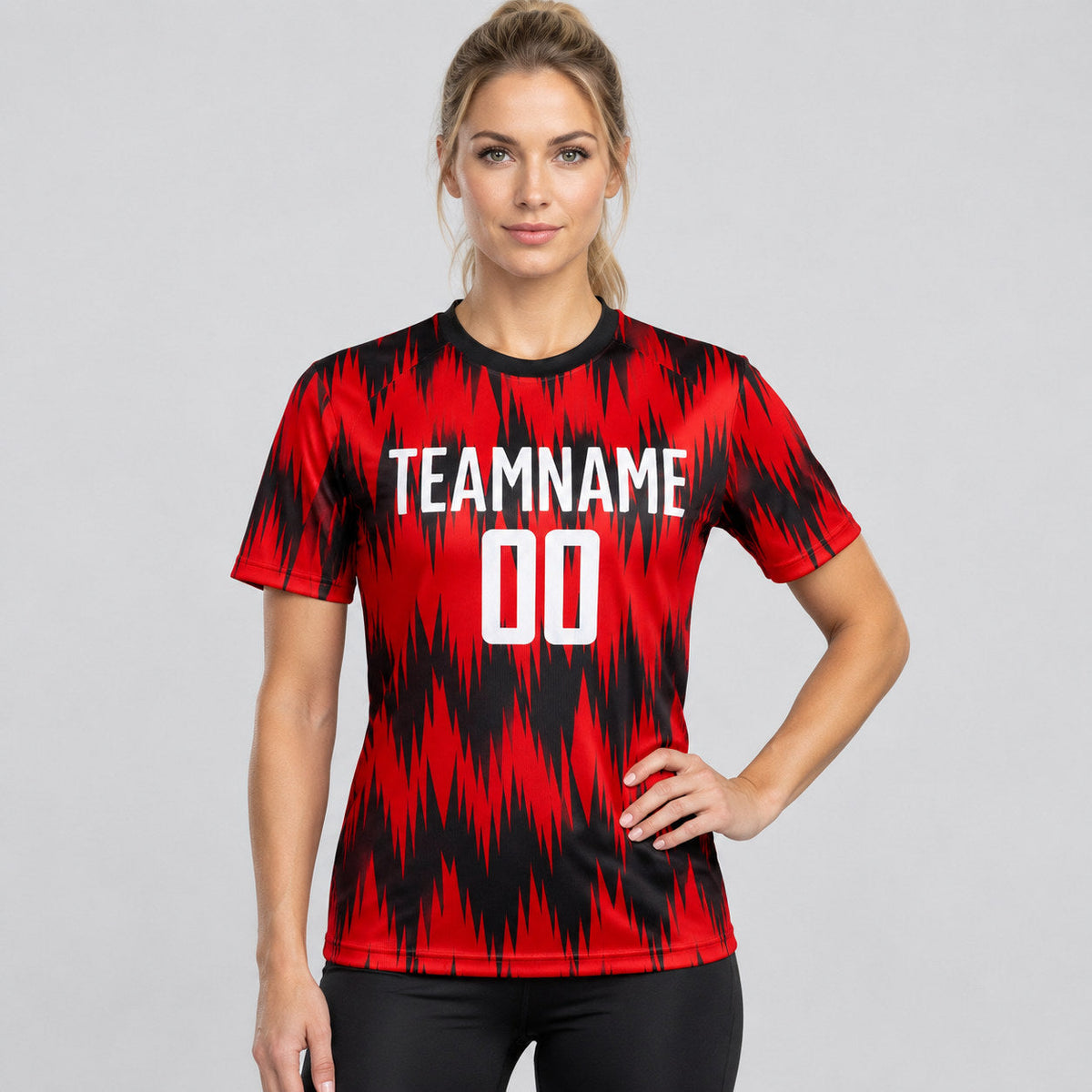 Custom Red Sublimated Soccer Jersey with White and Black Lettering Design 0107 worn by female model