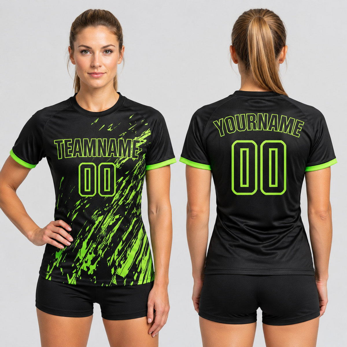 Custom Black Sublimated Soccer Jersey with Neon Green Lettering Design 0970 worn by female model