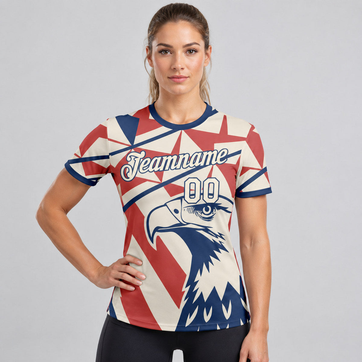 Custom Cream USA Flag Eagle And Star Soccer T-Shirt with Red and Blue Lettering worn by female model
