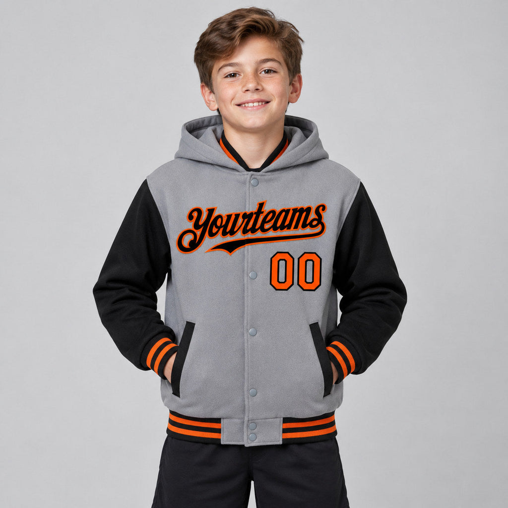 Custom Gray Full Snap Bomber Two Tone Varsity Jacket with Black and Orange Accents Design 4296 youth size worn by child model