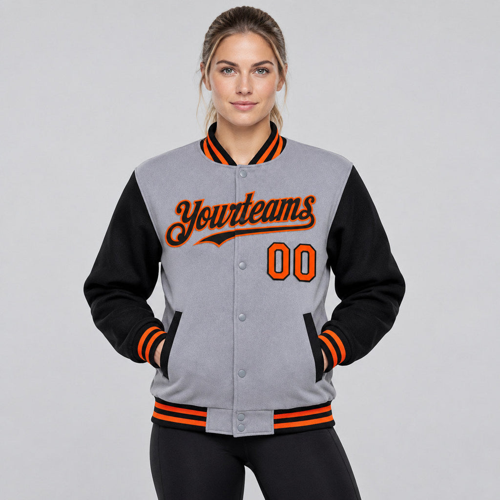 Custom Gray Full Snap Bomber Two Tone Varsity Jacket with Black and Orange Accents Design 4296 worn by female model