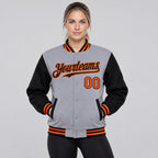 Custom Gray Full Snap Bomber Two Tone Varsity Jacket with Black and Orange Accents Design 4296 worn by female model