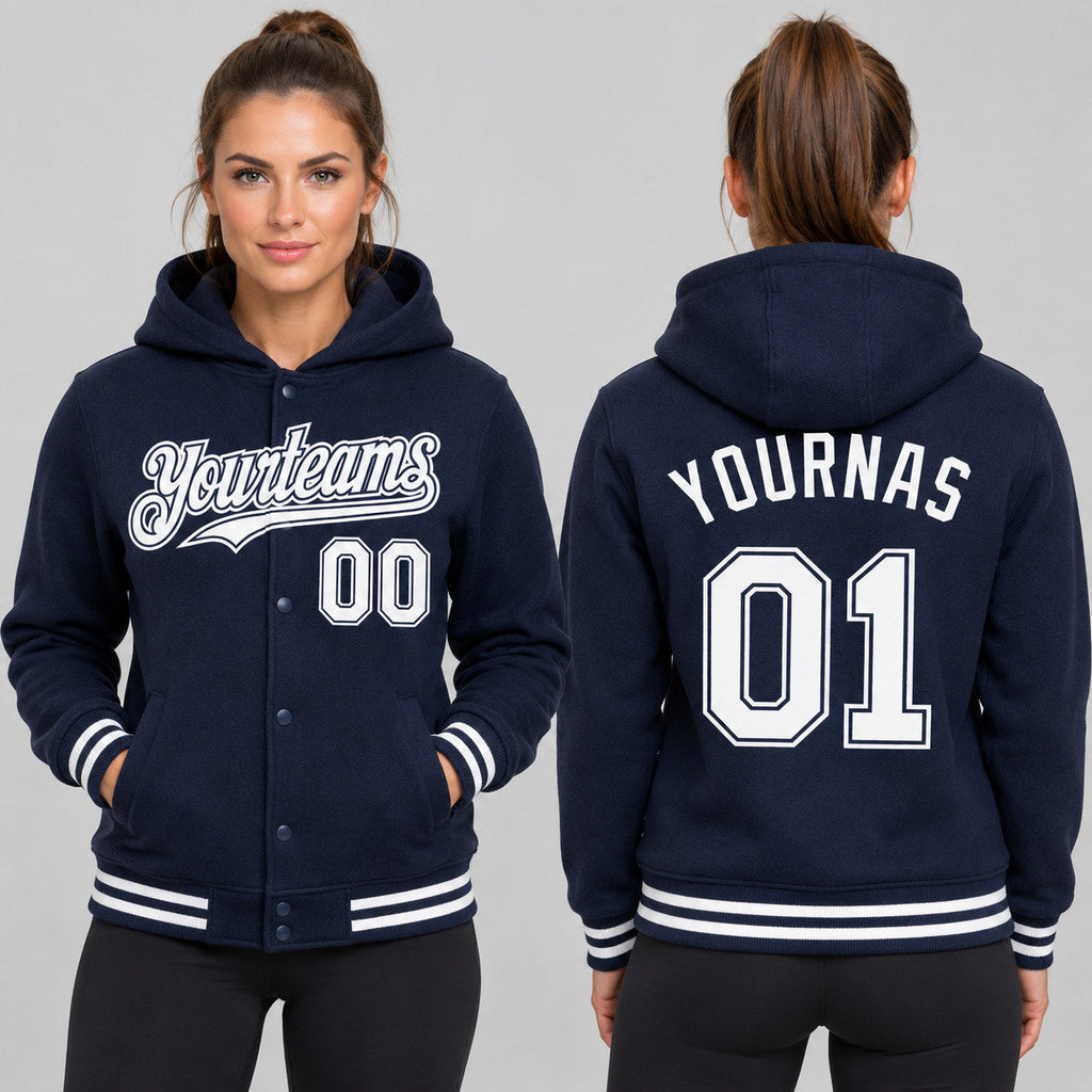 Custom Navy Full Snap Bomber Hooded Varsity Jacket with White Accents Design 3108 worn by female model