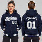 Custom Navy Full Snap Bomber Hooded Varsity Jacket with White Accents Design 3108 worn by female model