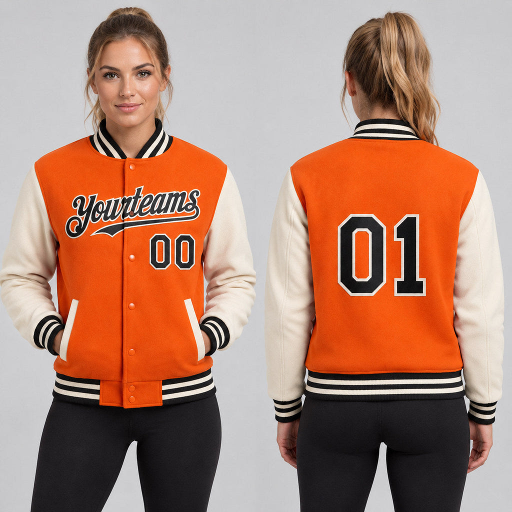 Custom Orange Full Snap Bomber Two Tone Varsity Jacket with Black and Cream Accents Design 4532 worn by female model