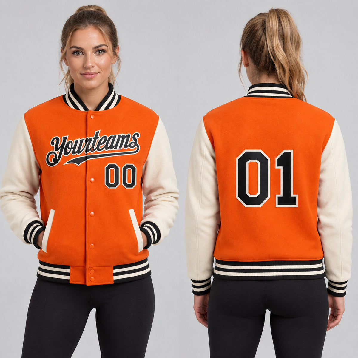 Custom Orange Full Snap Bomber Two Tone Varsity Jacket with Black and Cream Accents Design 4532 worn by female model