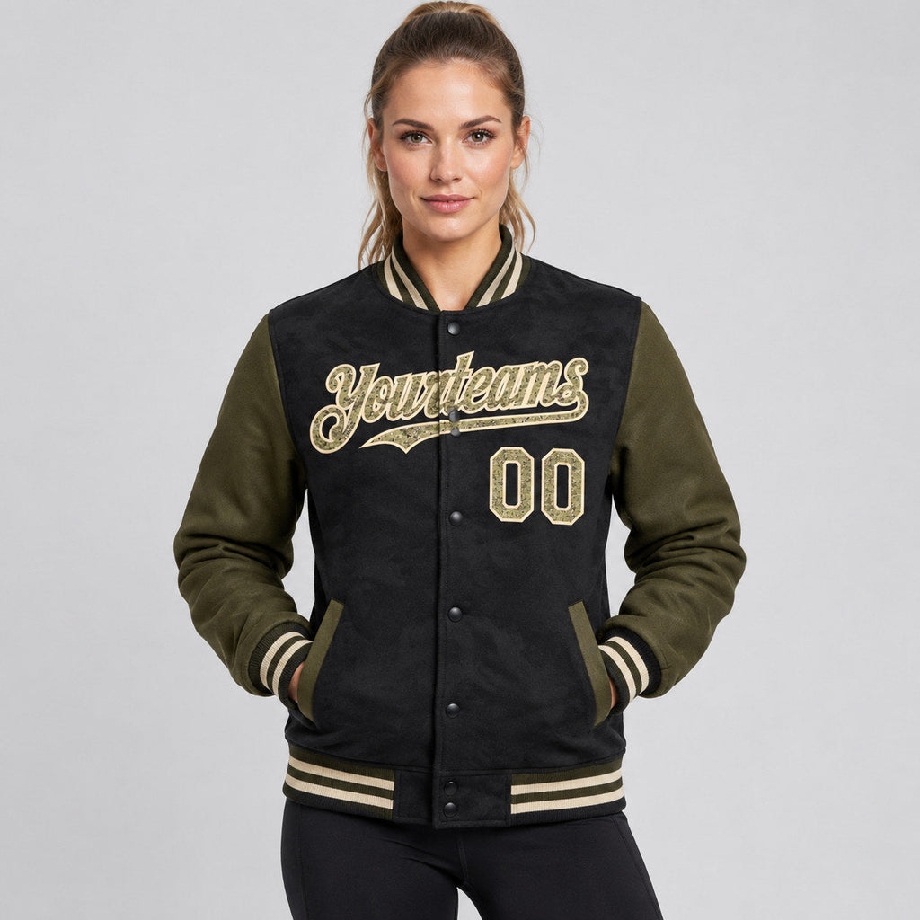 Custom Black Camo Full Snap Bomber Two Tone Varsity Jacket with Olive and Cream Accents worn by female model
