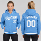 Custom Light Blue Full Snap Bomber Hooded Varsity Jacket with White Accents worn by female model