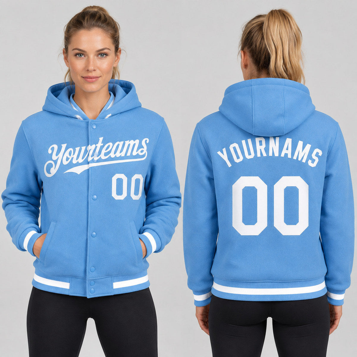 Custom Light Blue Full Snap Bomber Hooded Varsity Jacket with White Accents worn by female model
