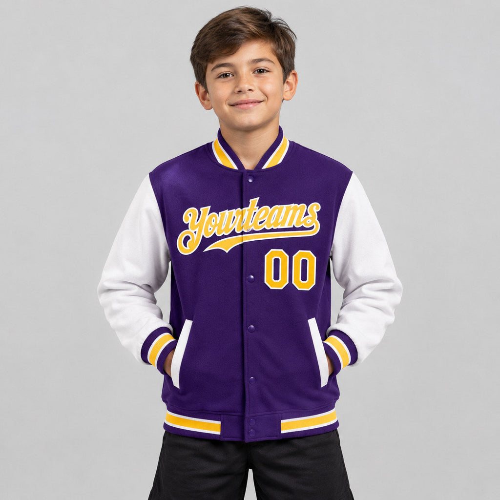 Custom Purple Full Snap Bomber Two Tone Varsity Jacket with Gold and White Accents Design 3588 youth size worn by child model