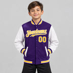 Custom Purple Full Snap Bomber Two Tone Varsity Jacket with Gold and White Accents Design 3588 youth size worn by child model