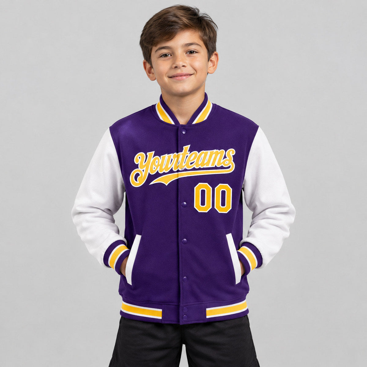 Custom Purple Full Snap Bomber Two Tone Varsity Jacket with Gold and White Accents Design 3588 youth size worn by child model