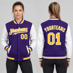 Custom Purple Full Snap Bomber Two Tone Varsity Jacket with Gold and White Accents Design 3588 worn by female model