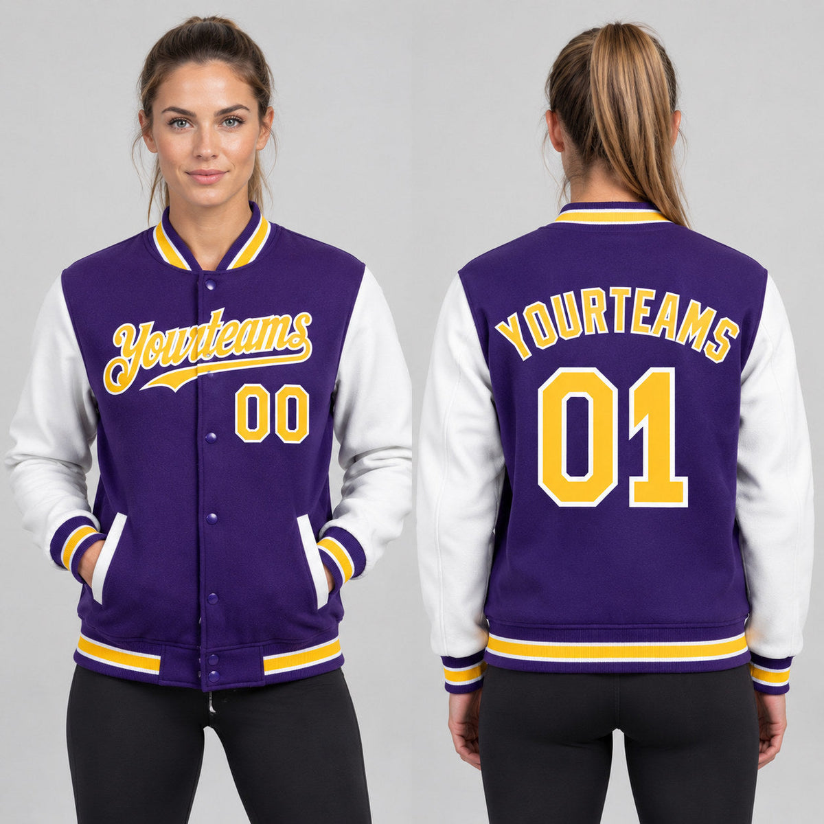 Custom Purple Full Snap Bomber Two Tone Varsity Jacket with Gold and White Accents Design 3588 worn by female model