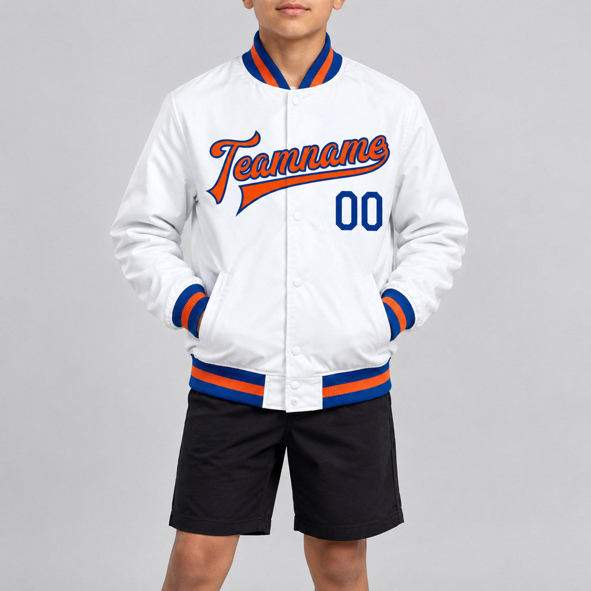 Custom White Full Snap Bomber Faux Leather Varsity Jacket with Orange and Royal Accents youth size worn by child model