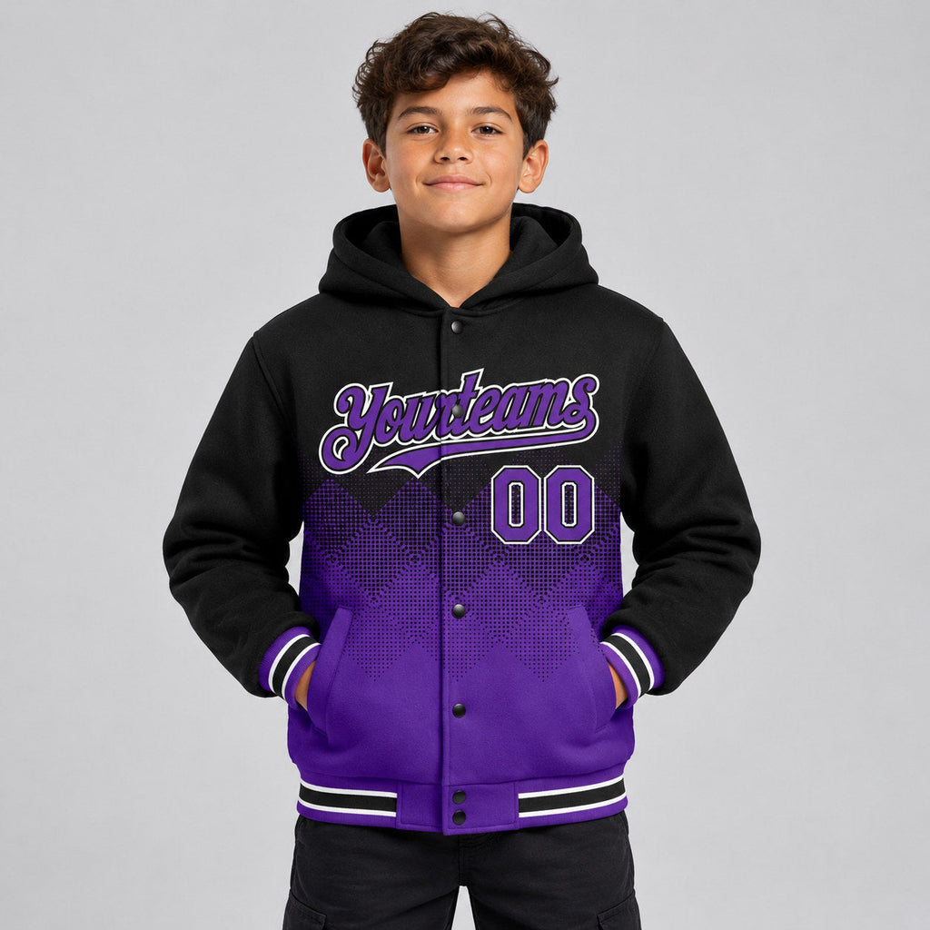 Custom Black Gradient Square Shape Full Snap Hooded Varsity Jacket with Purple and White Accents youth size worn by child model
