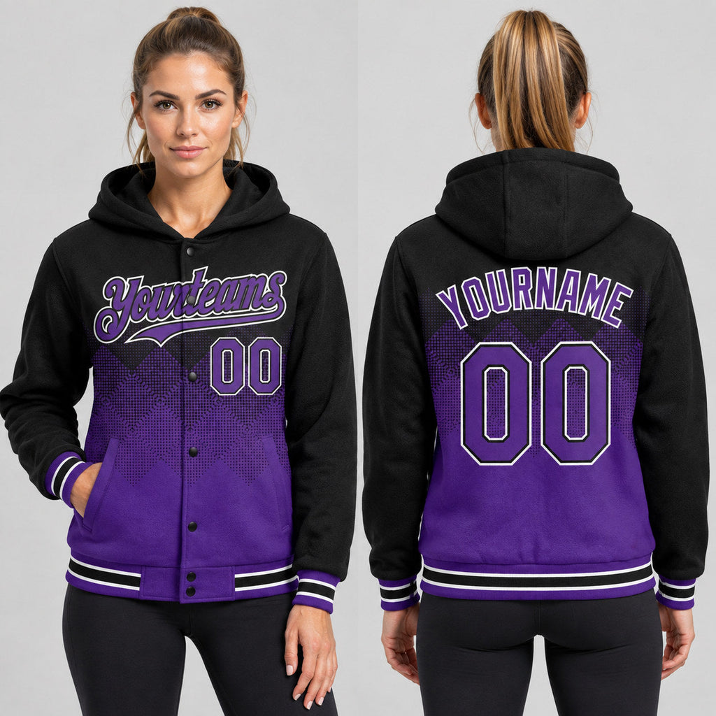 Custom Black Gradient Square Shape Full Snap Hooded Varsity Jacket with Purple and White Accents worn by female model