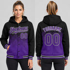 Custom Black Gradient Square Shape Full Snap Hooded Varsity Jacket with Purple and White Accents worn by female model