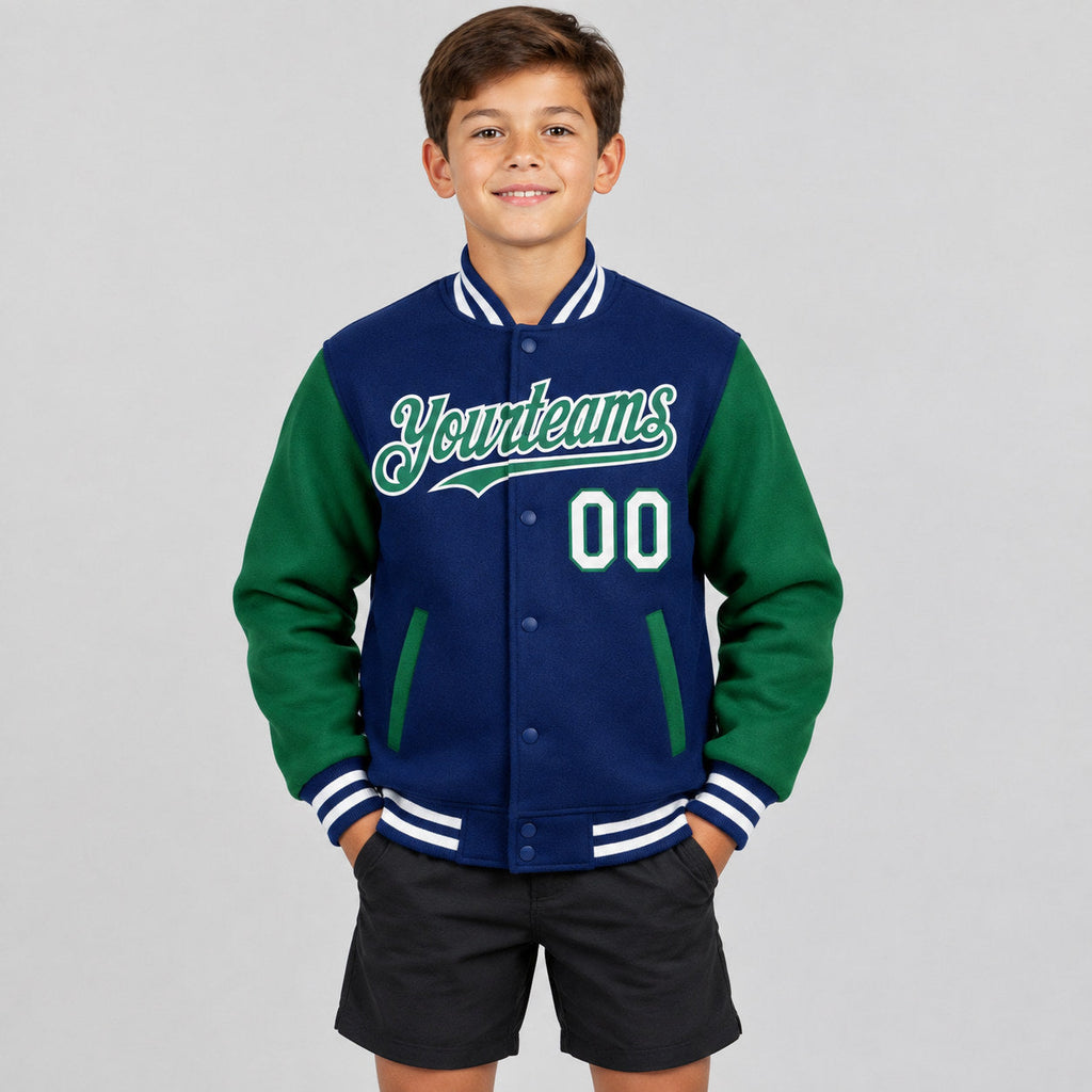 Custom Royal Full Snap Bomber Two Tone Varsity Jacket with Kelly Green and White Accents Design 3540 youth size worn by child model