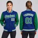 Custom Royal Full Snap Bomber Two Tone Varsity Jacket with Kelly Green and White Accents Design 3540 worn by female model